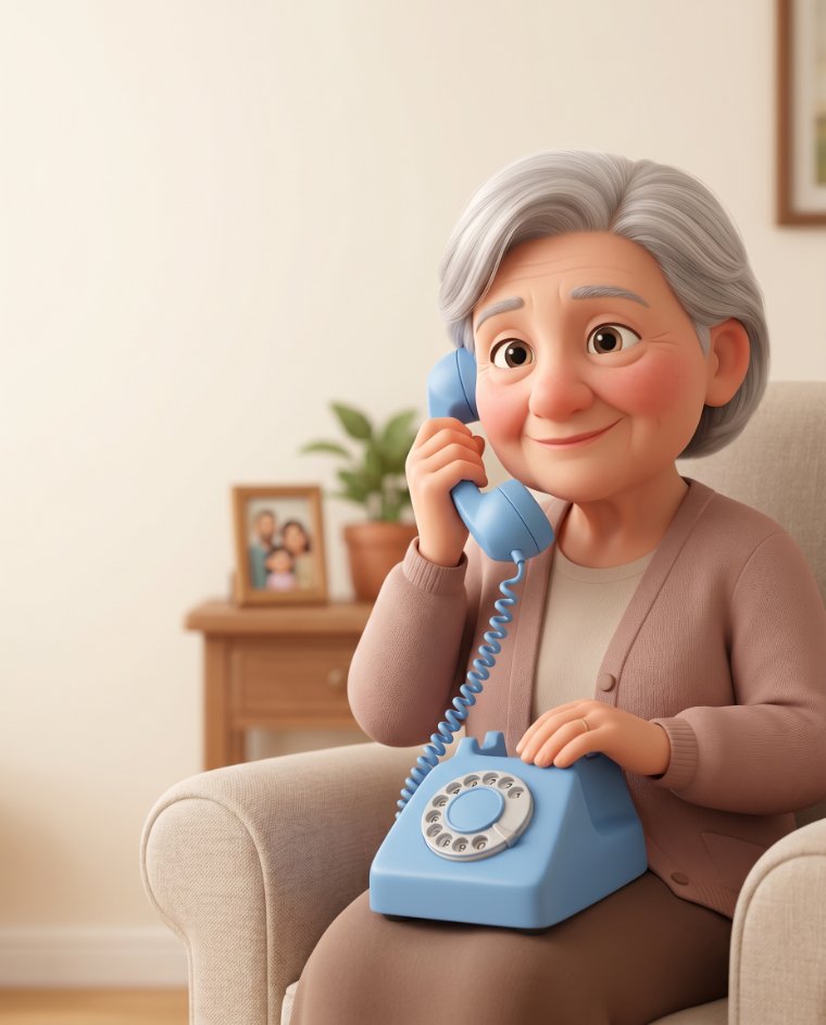 Señora mayor sonriente hablando por un teléfono vintage azul en su salón